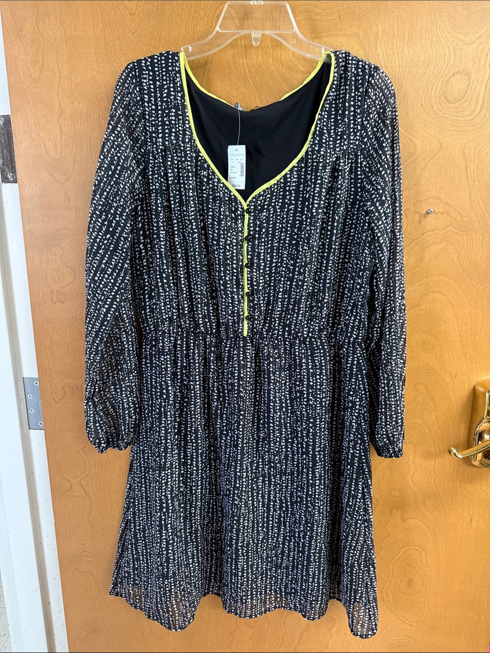 Maurices Black Printed Long Sleeve Dress with Neon Yellow Trim